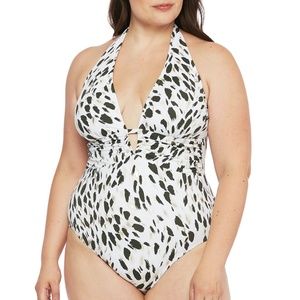 NEW La Blanca Brushstroke Plunge Halter Swimsuit